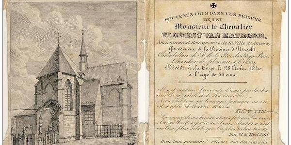 Bidprentje van Florent van Ertborn met een tekening van de Onze-Lieve-Vrouwekerk in Hoboken waar hij zijn laatste rustplaats heeft, 1840